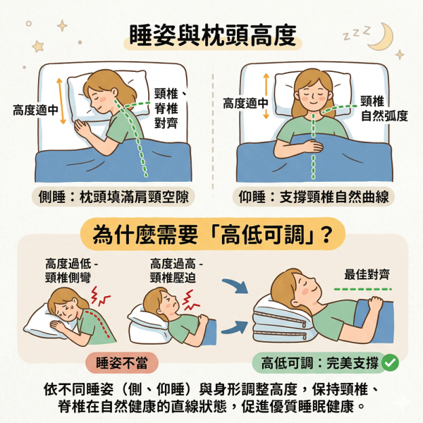 睡眠舒適的關鍵在於讓脖子維持在「自然的舒展狀態」。理想的枕頭高度應能精準填補頭部、頸部與肩部之間的空隙。若枕頭過高，低頭的角度會讓呼吸不夠順暢；過低則無法支撐頸部弧度，導致肌肉整夜處於用力緊繃的狀態，容易造成睡醒後的僵硬不適或肩頸負擔。透過「適配枕」的高度調整功能，能確保不同體型在仰睡或側睡時，都能維持身體最放鬆、最平衡的姿態。