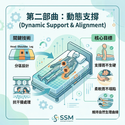 數據導向： 精準匹配人體工學曲線，專業的評估不靠感覺，我們會透過精準量測、分區設計軟硬墊材，最大的核心目的達到有支撐而不生硬、柔軟不塌陷，平衡身體曲線。