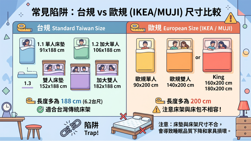 很多人在挑選床墊時會忽略，IKEA 或 MUJI 的床墊尺寸與台灣標準尺寸（台尺）不同。

台規： 長度多為 188 cm (6.2 尺)。

歐規 (IKEA)： 長度多為 200 cm。

SEO 小提示： 如果你買了 IKEA 的床架，請務必搭配 IKEA 的床墊，或是訂製尺寸，否則會出現床架與床墊不合的尷尬情況。