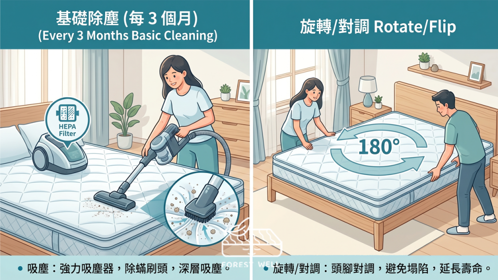 每季應利用更換季節的契機，進行床墊本體的基礎清潔： 吸塵：使用具有 HEPA 濾網的強力吸塵器（最好有除蟎刷頭），對準床墊表面的縫隙、車花處進行深層吸塵。 旋轉/對調：將床墊「頭腳對調」旋轉 $180^circ$。這能避免床墊因長期固定受壓而產生局部塌陷，有效延長使用壽命。