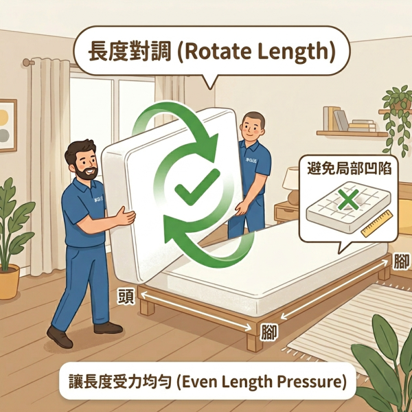 定期轉向： 建議每 3-6 個月將床墊頭尾對調一次，避免長期固定位置受壓導致塌陷。