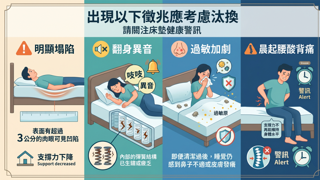 出現以下徵兆應考慮汰換： 明顯塌陷：表面有超過 3公分的肉眼可見凹陷。 翻身異音：內部的彈簧結構已生鏽或疲乏。 過敏加劇：即便清潔過後，睡覺仍感到鼻子不適或皮膚發癢。 晨起腰酸背痛：代表床墊的「護脊撐腰」功能已失效，支撐力不再能維持身體水平。