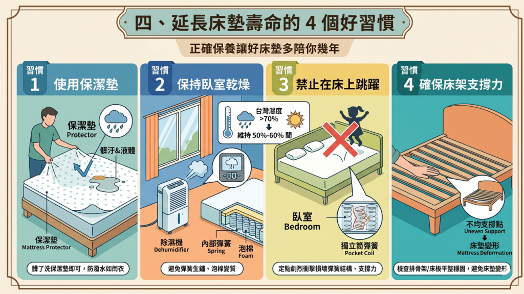一張好床墊價格不菲，正確的保養習慣可以讓它多陪你幾年： 使用保潔墊：這是投資回報率最高的做法。高品質的防潑水保潔墊能像雨衣一樣擋住液體與髒汙，髒了只需洗保潔墊即可。 保持臥室乾燥：台灣濕度常年超過 70度，建議每天開啟除濕機，將室內濕度維持在 50度-60度之間，避免床墊內部彈簧生鏽或泡棉變質。 禁止在床上跳躍：特別是有小孩的家庭。定點的劇烈衝擊會損壞獨立筒彈簧的結構，導致支撐力永久受損。 確保床架支撐力：檢查排骨架或床板是否平整穩固。如果底下的支撐點不均，床墊也會跟著變形。