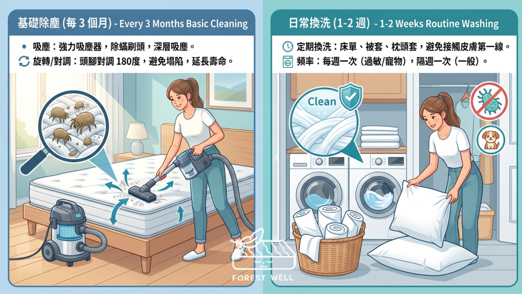 床單、枕頭套與被套是直接接觸皮膚的第一線。建議每隔一到兩週拆洗一次。若本身是過敏體質或家中有寵物，頻率應縮短至每週一次。