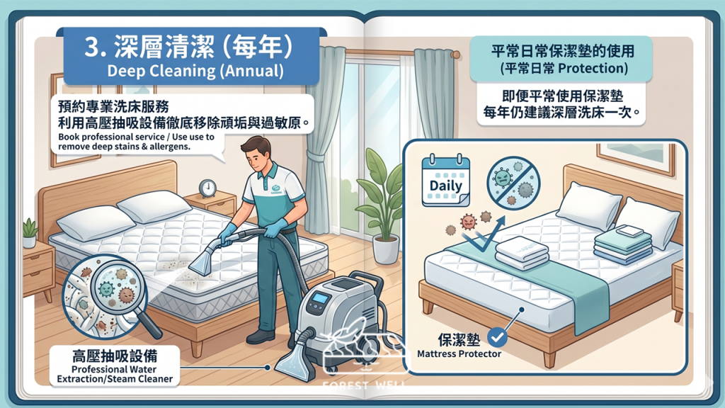 即便平常有在使用保潔墊，每年仍建議進行一次大規模的「深層洗床」。你可以選擇預約專業的洗床服務，利用高壓抽吸設備將床墊深處的頑垢與過敏原徹底移除。