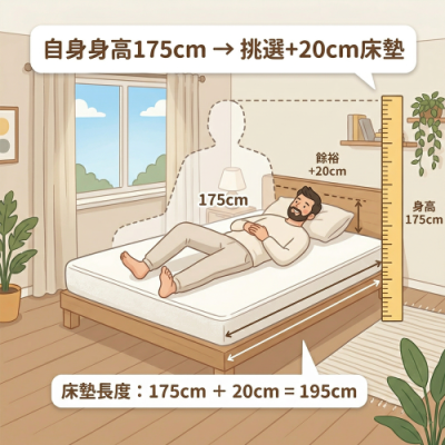 床墊長度應比身高多出 15-20 公分，寬度則以翻身時雙手手肘不超出床緣為準。