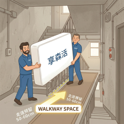 1. 臥室空間與動線 床墊放進去後，床邊建議至少保留 50-60 公分 的走道空間，否則會感到壓迫。