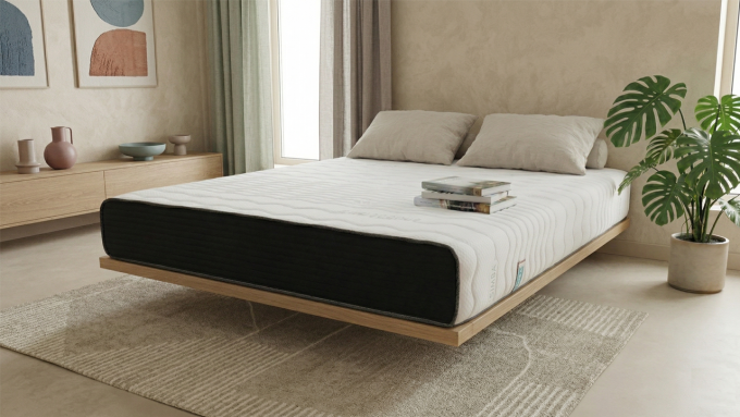 奶凍捲床墊專業情境照:一名女性舒適地側臥在具備深灰色護邊與白色波浪面層的捲壓床墊上。臥室裝潢為日系簡約風格,搭配懸浮木質床架、龜背芋植栽與莫蘭迪色系擺飾。畫面傳遞出穩定支撐、護脊撐腰與高品質的居家睡眠生活。