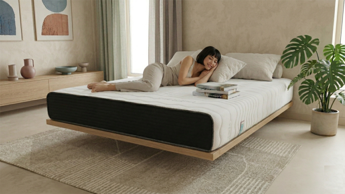 奶凍捲床墊專業情境照:一名女性舒適地側臥在具備深灰色護邊與白色波浪面層的捲壓床墊上。臥室裝潢為日系簡約風格,搭配懸浮木質床架、龜背芋植栽與莫蘭迪色系擺飾。畫面傳遞出穩定支撐、護脊撐腰與高品質的居家睡眠生活。