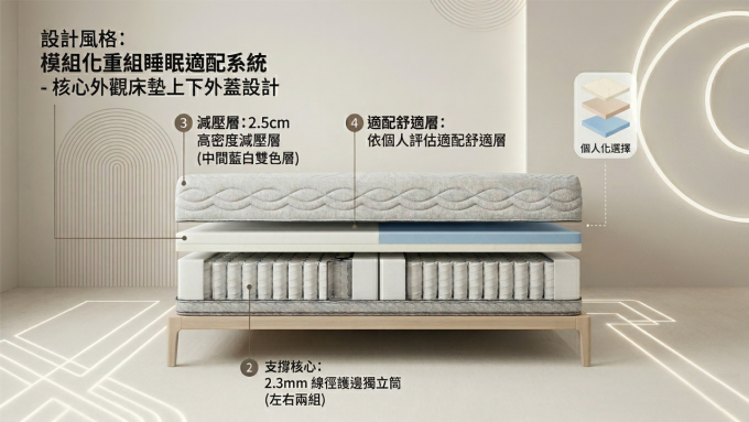 重組睡眠適配床 的設計核心在於「動態適應」。我們打破傳統一體成型的固定結構，將床墊內部層次模組化。這意味著當您覺得目前的支撐感需要微調時，不需要更換整張床墊，只需透過內部模組的重新配置，就能找到當下最舒適的平衡點，讓床墊始終契合您的曲線。