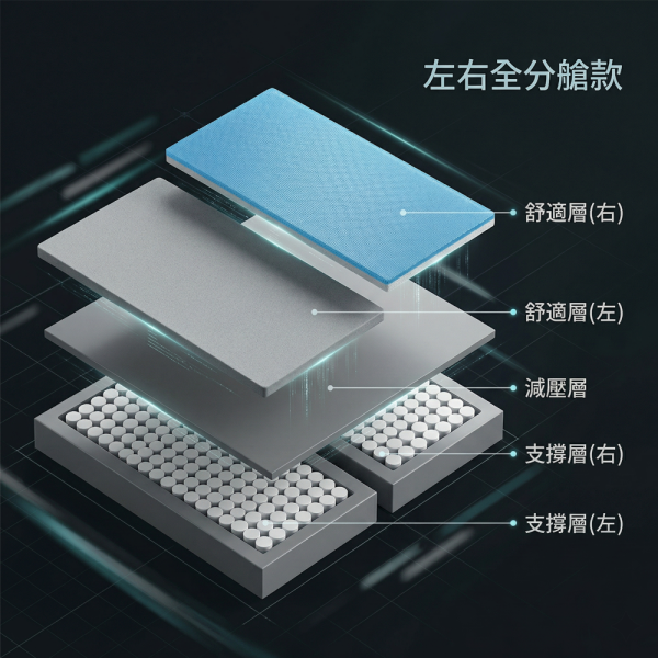 支撐層：左右護邊獨立筒鞏固支撐所有重量。 減壓層：減壓高密度泡綿緩衝重量。 舒適層：調整個人體態。 整體左右分離除了降低所有干擾互動，未來還能單獨調整墊材。 透過『客製化床墊』可以讓你不會誤選，精準達到適合的床墊與枕頭。