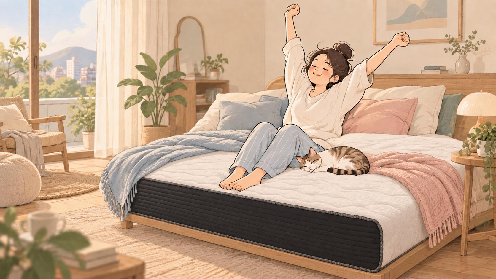 睡眠健康結語示意圖：規律作息、舒適寢具與白天精神