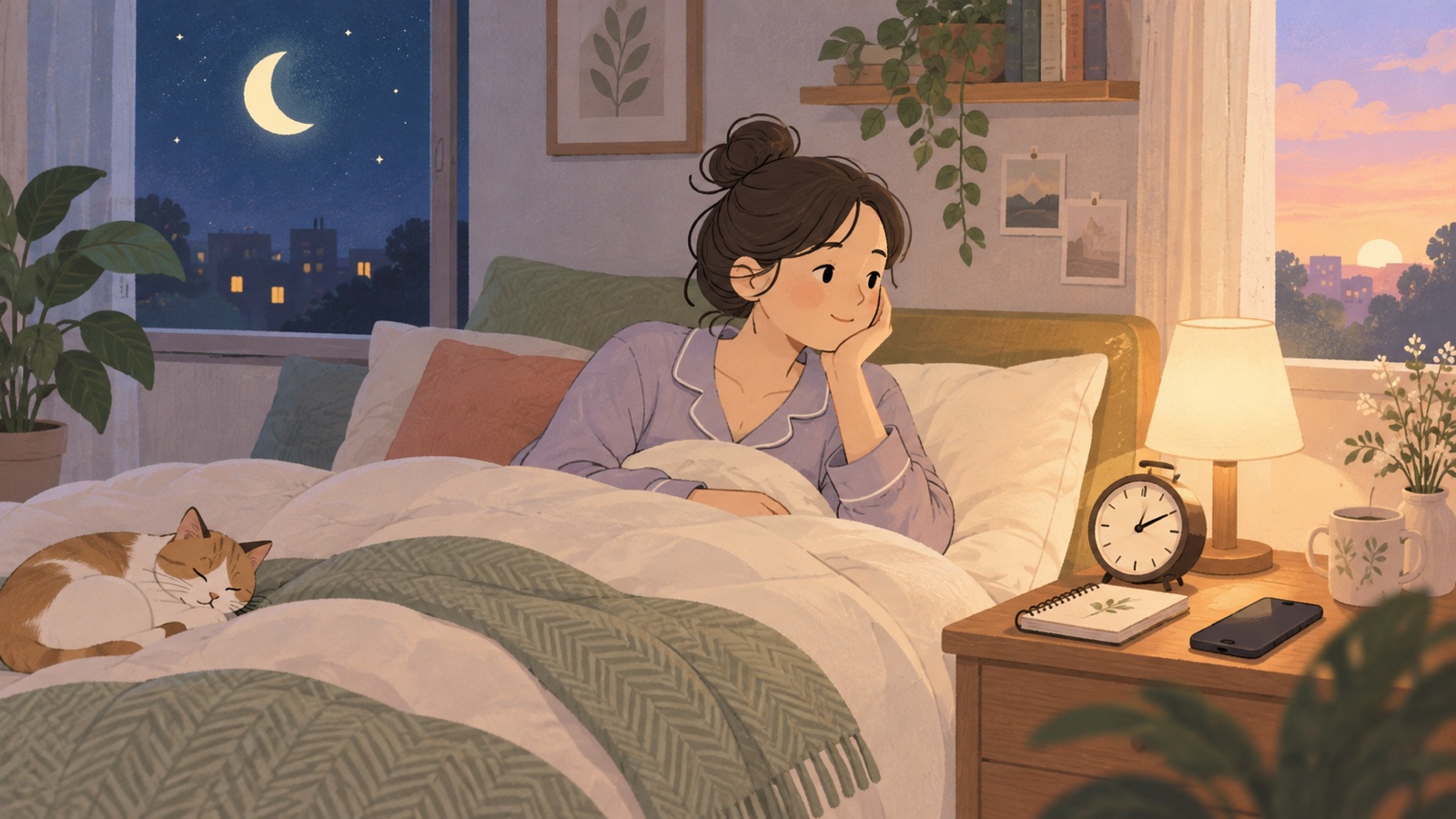 常見睡眠問題示意圖：夜間清醒、床邊時鐘、睡眠筆記與放下的手機