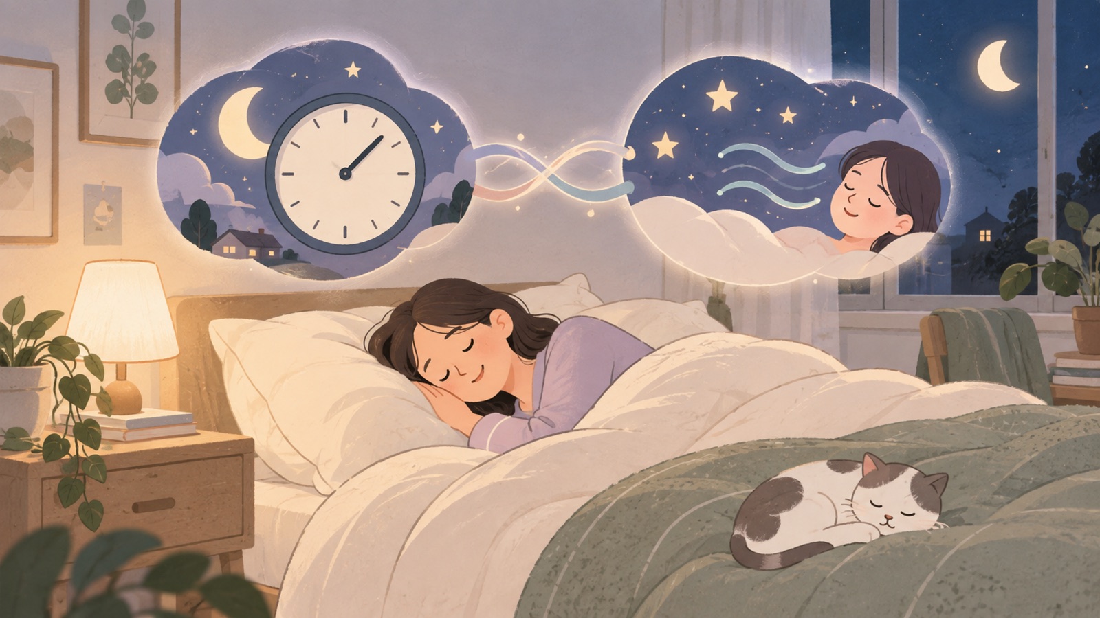 睡眠時間與睡眠品質相互影響的睡眠示意圖：熟睡者、月亮時鐘與星光線條