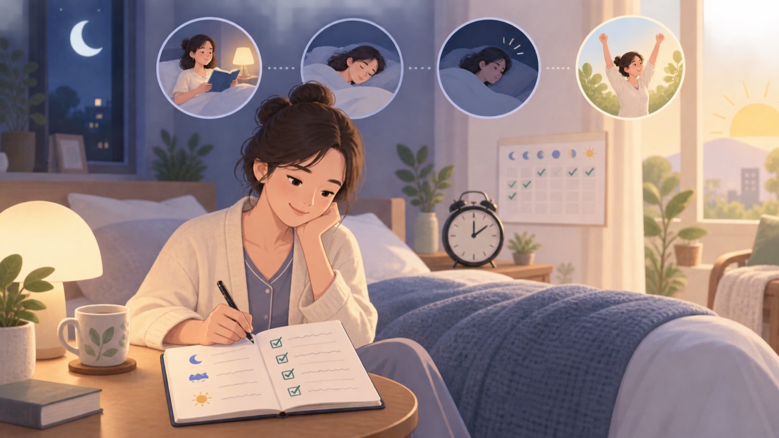自我檢視睡眠狀況示意圖：透過睡眠日誌觀察入睡、夜間醒來與白天精神