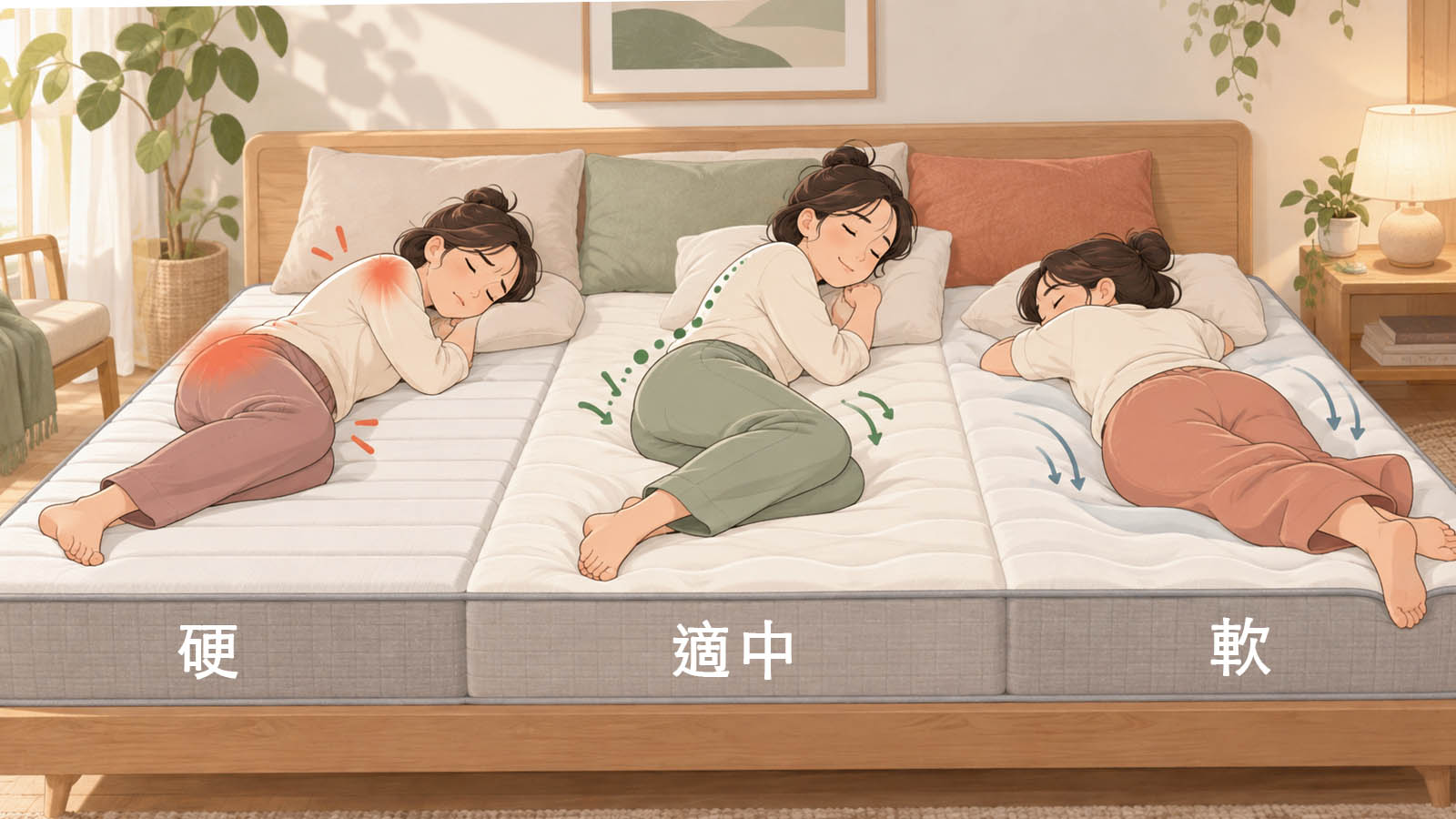 床墊硬度選擇與支撐平衡示意圖